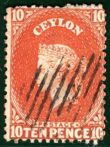 CEYLON QV Classic Stamp SG.58b 10d Orange-Red (1866) DLR Used Cat £450 SBLUE28