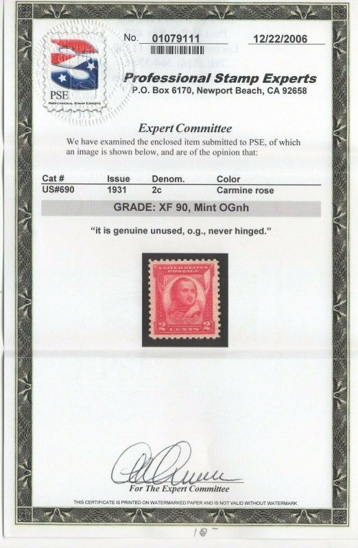 #690 Graded XF 90 Mint OG NH w/PSE Cert. (JH 9/8/2020) 