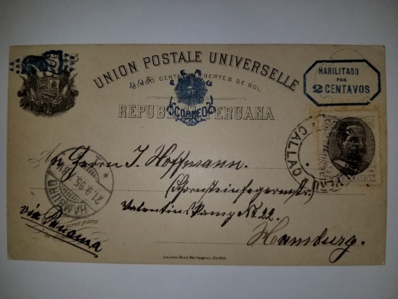 J) 1895 PERU, HABILITADO 2 CENTS, POSTCARD, UPU, AIRMAIL, CIRCULATED COVER, FROM