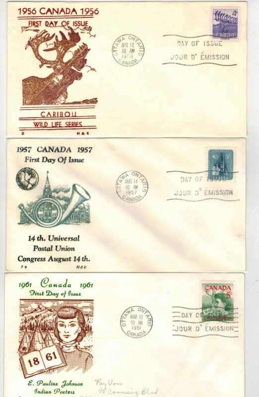 CANADA SET OF 3 BETTER CACHETE FDCs H+E RAISED PRINT Caribou UPU E Pauline Johns