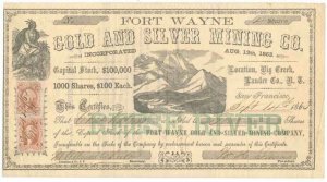 R23c, R41a on 1863 Fort Wayne Gold Mining Co. Nevada Territory Stock Certificate