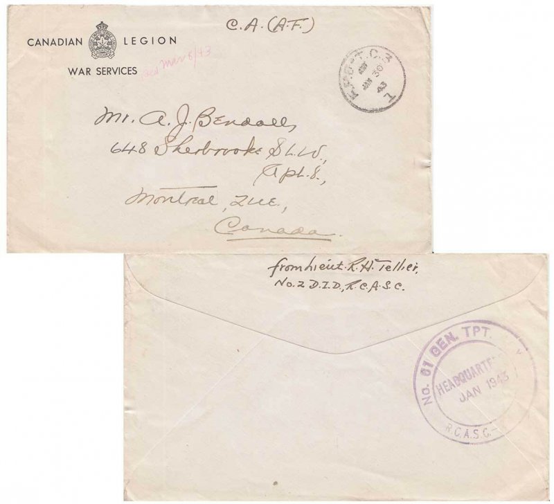 Canada Soldier's Free Mail 1943 F.P.O.-T.C.3 Canadian Reinforcement Units, UK...