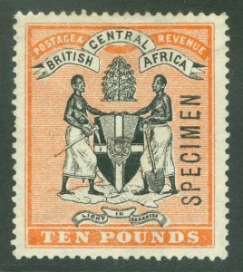 SG 41s BCA Nyasaland £10 black & orange, overprinted specimen. Mounted mint