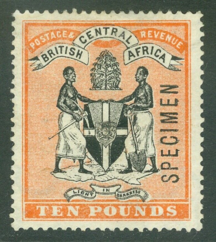 SG 41s BCA Nyasaland £10 black & orange, overprinted specimen. Mounted mint