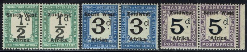 SOUTH WEST AFRICA 1923 POSTAGE DUE ½D 3D AND 5D PAIRS SETTING V 12MM SPACING 