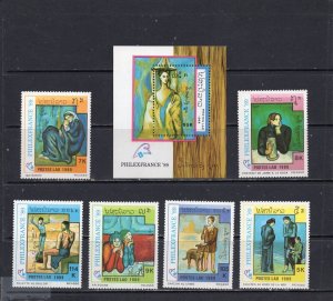 LAOS 1989 PAINTINGS BY PABLO PICASSO SET OF 6 STAMPS & S/S MNH