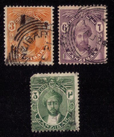 ZANZIBAR Scott 121,185,187 Used Lot Of Three Sultan Faces F-VF (1913-1926):