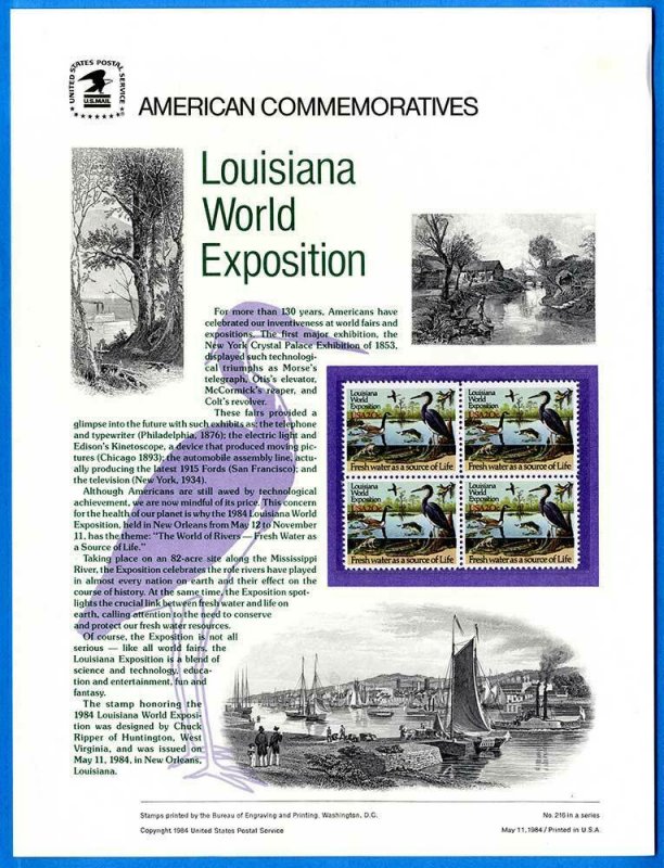 USPS COMMEMORATIVE PANEL #216 LOUISIANA WORLD EXPOSITION #2086