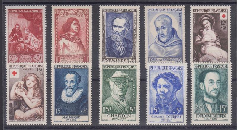 France Sc B205/326 MNH. 1946-1958 issues, 10 Semi-Postals, VF