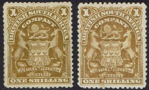 RHODESIA 1898 ARMS 1/- 2 SHADES