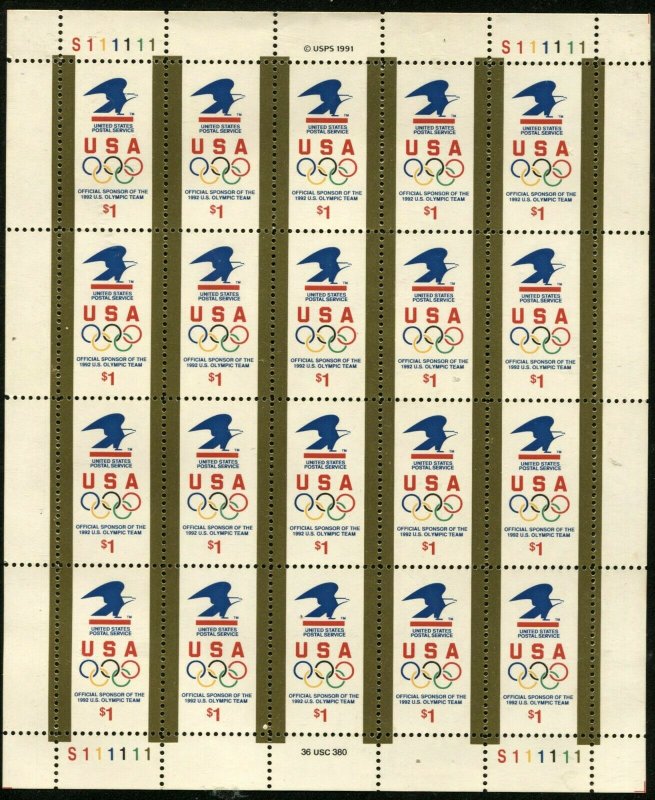USA #2539 Eagle Olympic Rings Pane of 20 Stamps Postage Sheet 1991 Mint NH