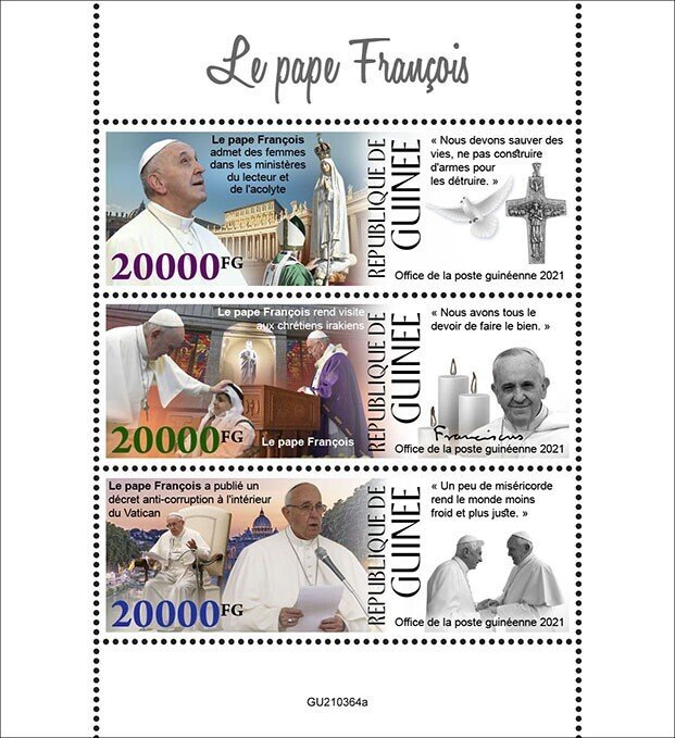 GUINEA - 2021 - Pope Francis - Perf 3v Sheet - Mint Never Hinged