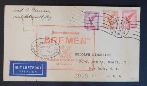 1929 Bremen Germany Catapult Cover via SS Bremen to New York NY USA