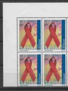 URUGUAY1993 HEALTH CAMPAIGN AGAINST AIDS SIDA SC 1518 1 VALUE IN BLOCK OF 4 MNH