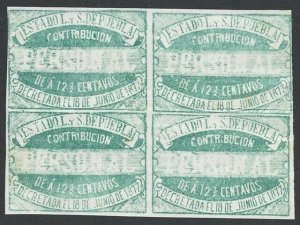 Mexico Revenue 1877 State Issues PUEBLA 121⁄2c Yellow Green BLOCK #P23 HP $30.00++-