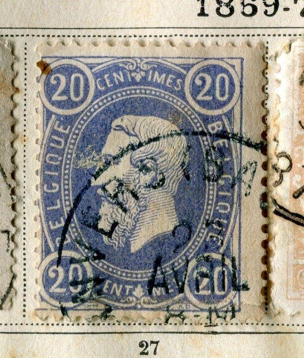 BELGIUM;  1869 early classic Leopold issue used 20c. value