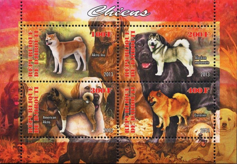 Djibouti Dogs Alaskan Malamute Souvenir Sheet of 4 Stamps MNH 