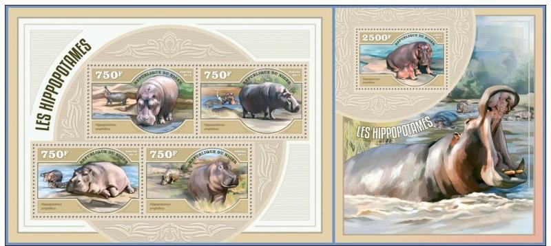 NIGER 2014 2 SHEETS nig14408ab HIPPOS HIPPOPOTAMES WILDLIFE