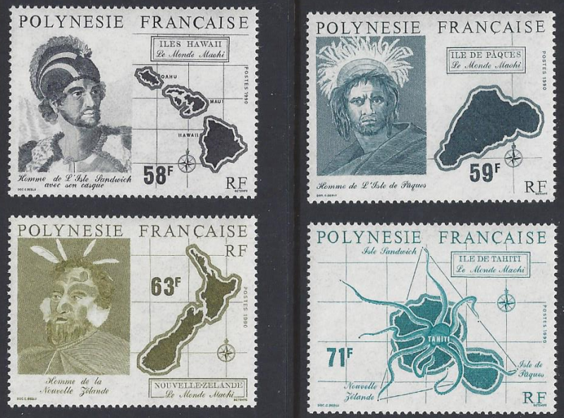 French Polynesia #534-7 MNH, set, Maohi settlers & maps, issued 1990