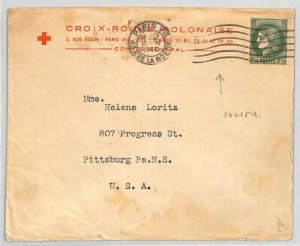 FRANCE Cover POLISH RED CROSS Paris 1940 Pittsburgh *CROIX ROUGE POLONAISE*RC127