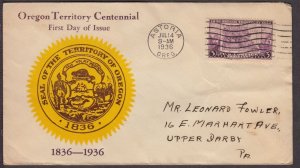 1936 Oregon Territory 100 years Sc 783-2 FDC Unknown cachet Astoria OR