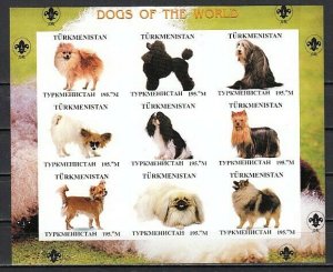 Turkmenistan, 1999 Russian Local. Dogs of the World, IMPERF sheet of 9. 