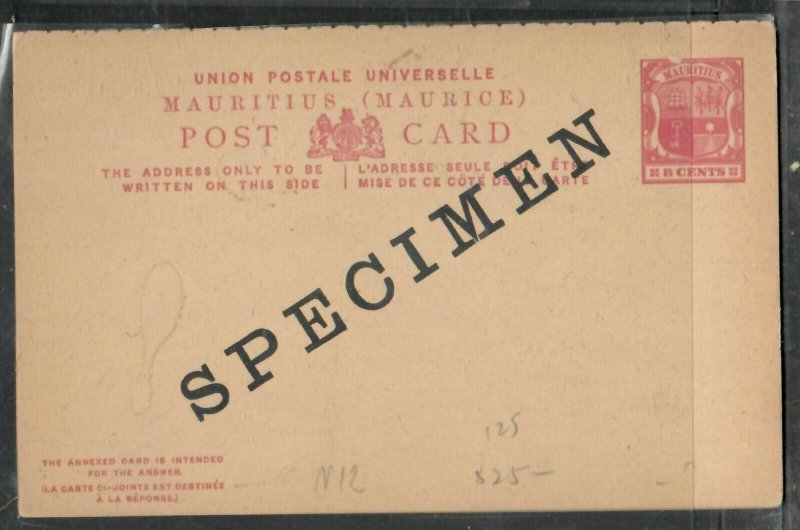 MAURITIUS (P3005B)  ARMS 8C REPLY PSC UNUSED SPECIMEN