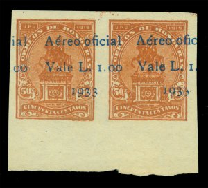 HONDURAS 1933 AIRMAIL OFFICIALS L.1.00/50c brown IMPERF PAIR ERROR - UNISSUED NH