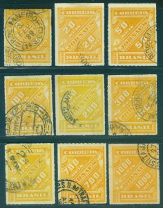 BRAZIL 1889 NEWSPAPER STAMPS  10r-1000r yellow set   Scott # P1-P9 used