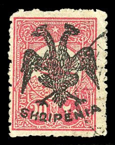 Albania #6 Cat$250, 1913 20pa carmine rose, used, signed Rommerskirchen