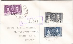 FIJI # 114-116 registered cover Suva, 24 June 1937 to England - Coronation