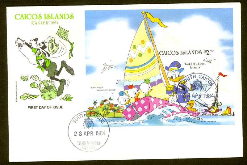 CAICOS ISLANDS 1984 $2.20 DISNEY EASTER Souvenir Sheet Sc 46 FDC