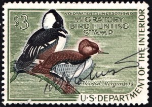 RW35 $3.00 Hooded Mergansers Duck Stamp (1968) Signed