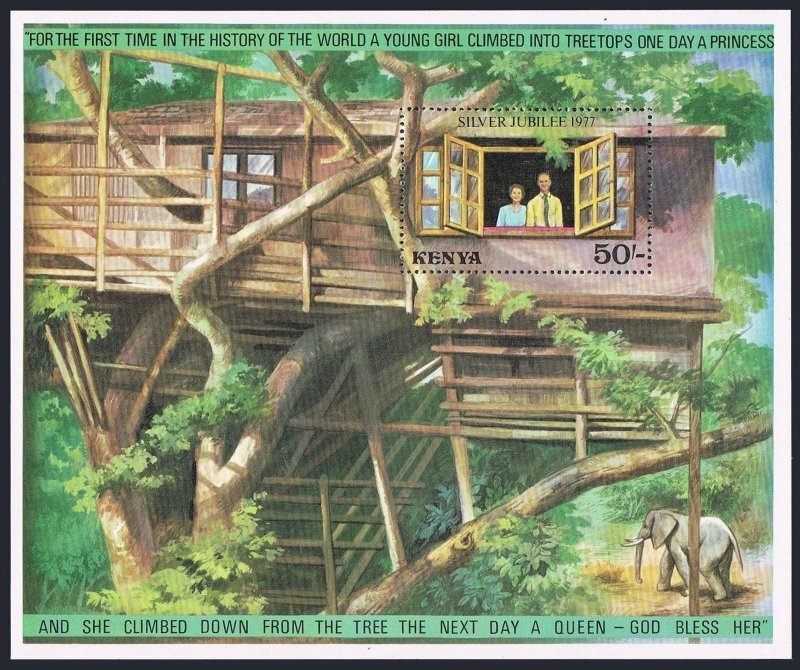 Kenya 88,MNH.Michel Bl.9. QE II.Treetops observation hut,Forest,Elephants,1977.