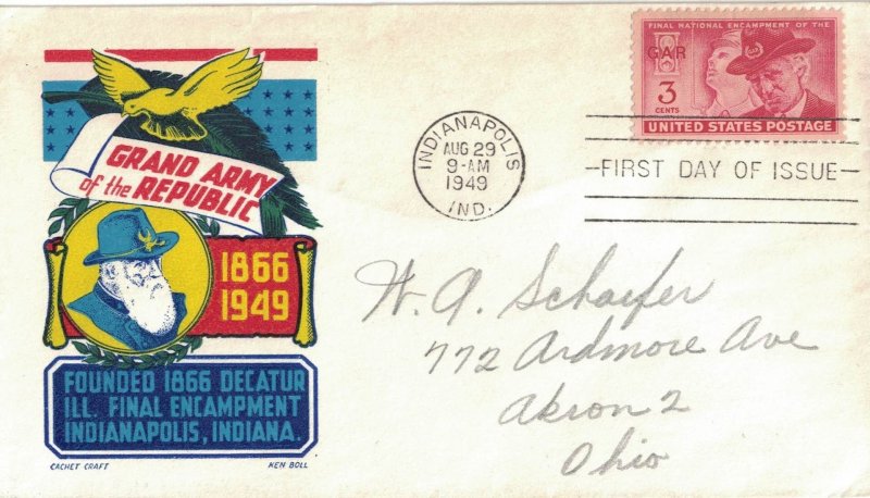 1949 FDC, #985, 3c Grand Army of the Republic (G.A.R.), Cachet Craft/Boll