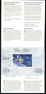 CANADA 2013 DUCK STAMP ARTIST SIGNED IN FOLDER AS ISSUED LONG TAILED DUCK