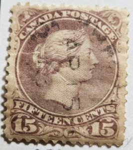 Stamp Canada 1868 Queen Victoria A20 #29b 15c red lilac used