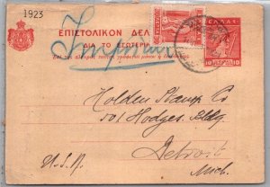 SCHALLSTAMPS GREECE 1923 POSTAL HISTORY STATIONERY POSTCARD ADDR USA