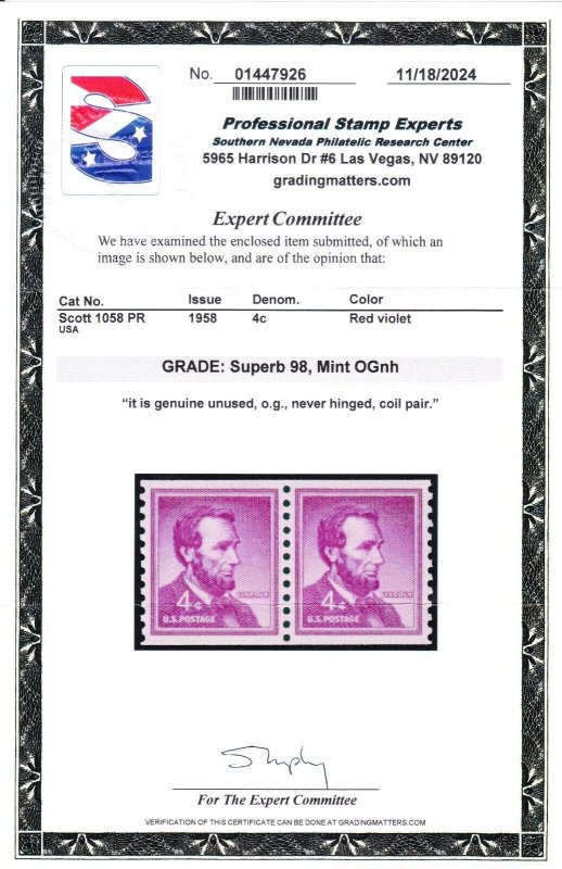 MOstamps - US #1058 Mint OG NH PR Grade 98 with PSE Cert -Lot # MO-5501 SMQ $120