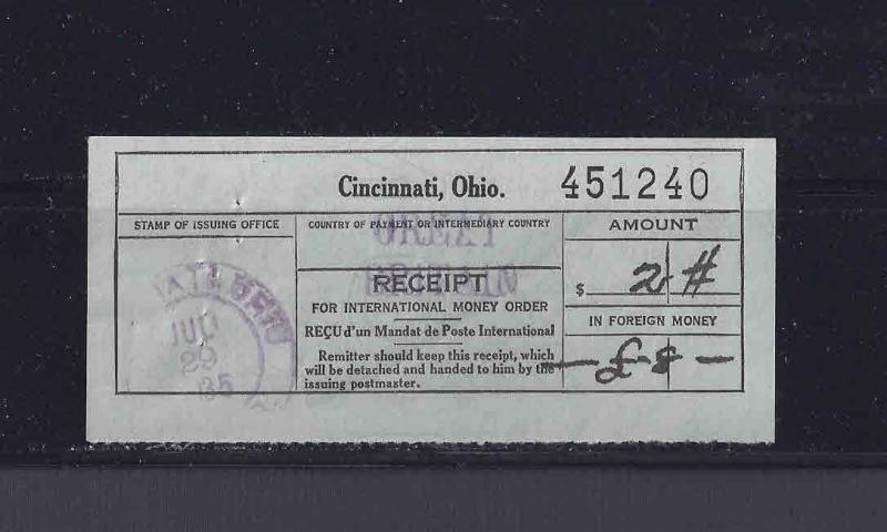 1935 P.O. RECEIPT FOR INTERNATIONAL MONEY ORDER