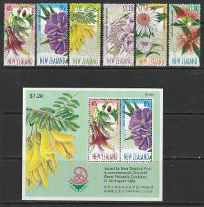 1999 New Zealand - Sc 1563-8,1564a - MNH VF - 6 singles/SS - Native Tree Flowers