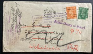 1945 Wolverhampton England Returned To Sender Cover To New York USA
