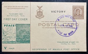 1945 Manila Philippines First Day PS Postcard Cover FDC Victory Issue