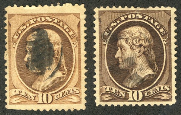 US #209b SCV $800.00 XF Black Brown Shade,  right stamp is the 209B, SUPER RA...