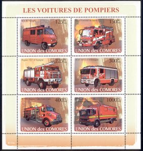 Comoro Islands - 2009 s/s of 6 Fire Trucks #1021 cv $ 12.50 Lot # 29