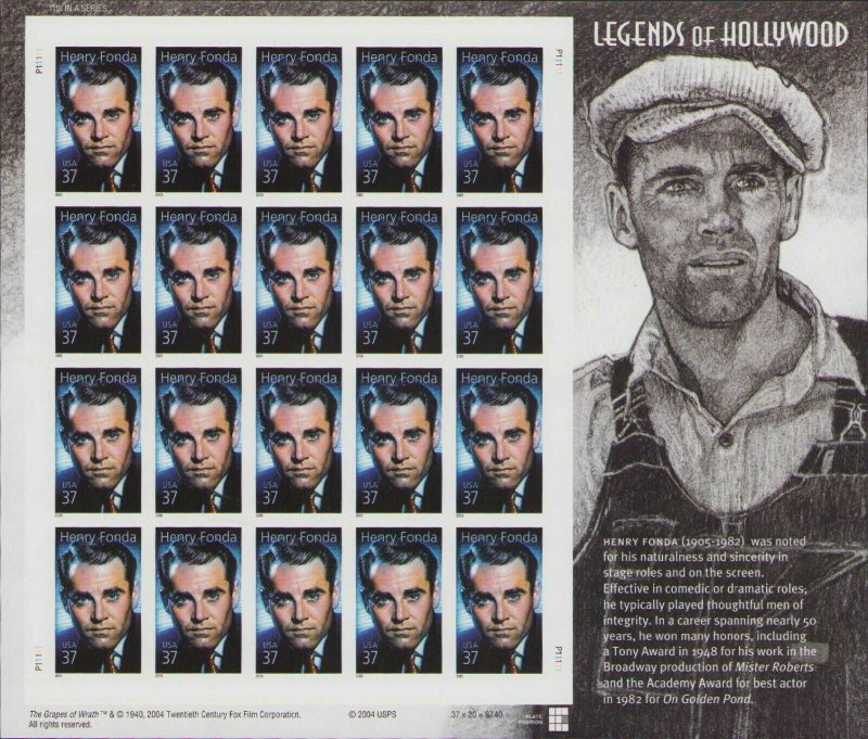 US #3911 2005 Henry Fonda Legends of Hollywood Sheet MNH