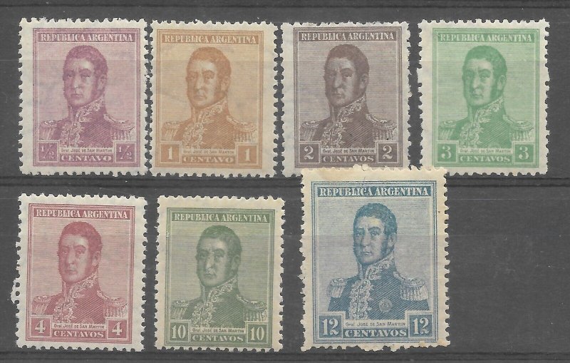 ARGENTINA 1921 Gral San Martin Military Set of 7 stamps Mint NH WMK 90 Sun RA