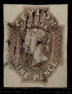 CEYLON QV SG8, 9d purple-brown, FINE USED. Cat £900.