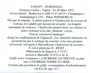 SAIGON-MARSEILLE CRASH COVER...MARCH 28 1932..FULL DETAILS INCLUDED(FRENCH)