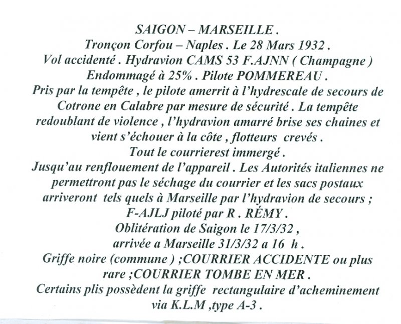 INDO-CHINA 03/28/1932 SAIGON-MARSEILLE CRASH COVER... DETAILS INCLUDED(FRENCH)